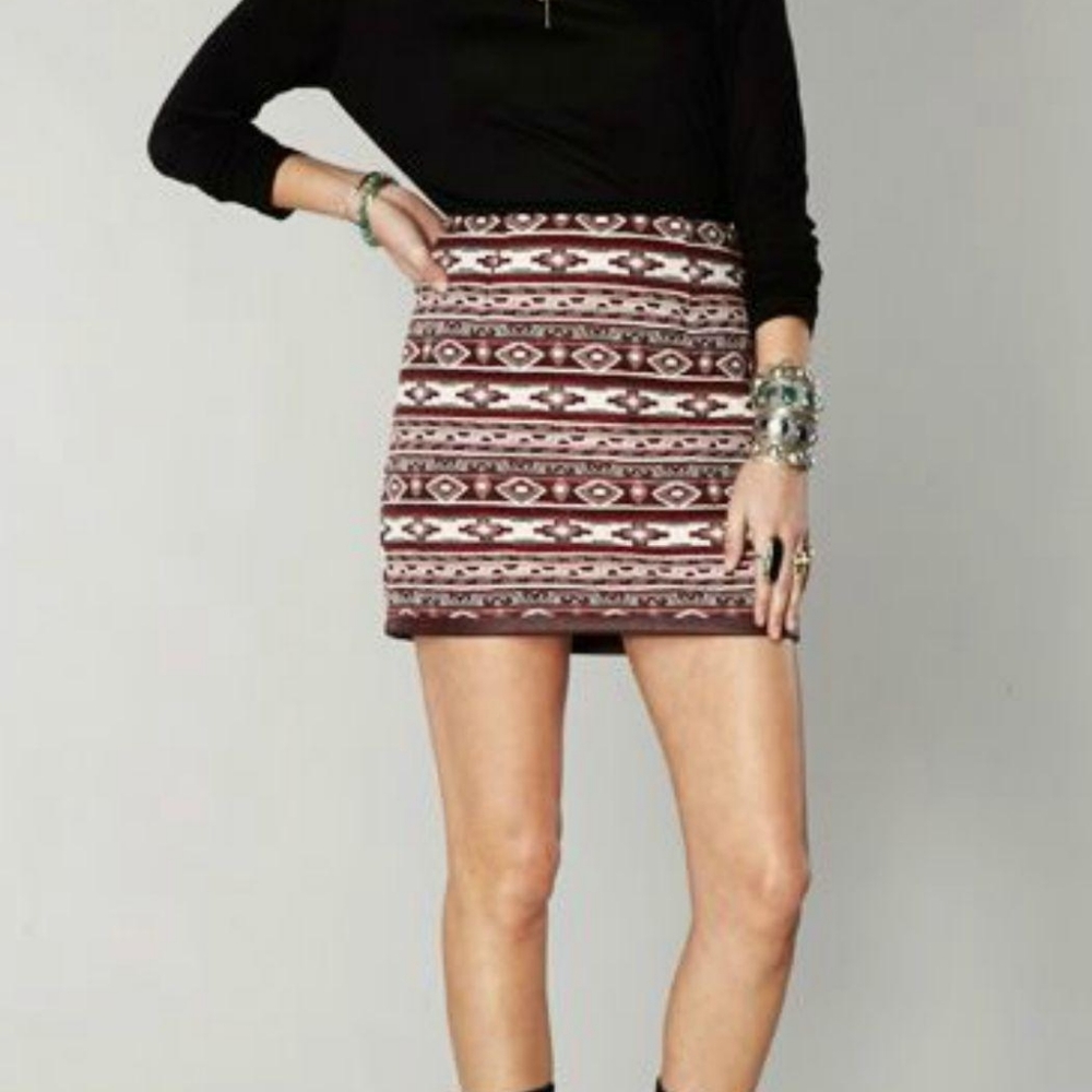 Burgundy Tribal Print Mini Skirt